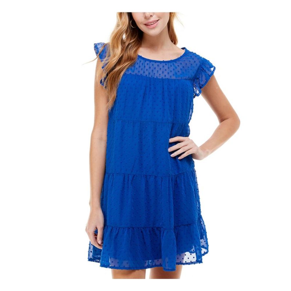 CRYSTAL DOLLS Womens Blue Flutter Sleeve Mini Baby Doll Dress Juniors L